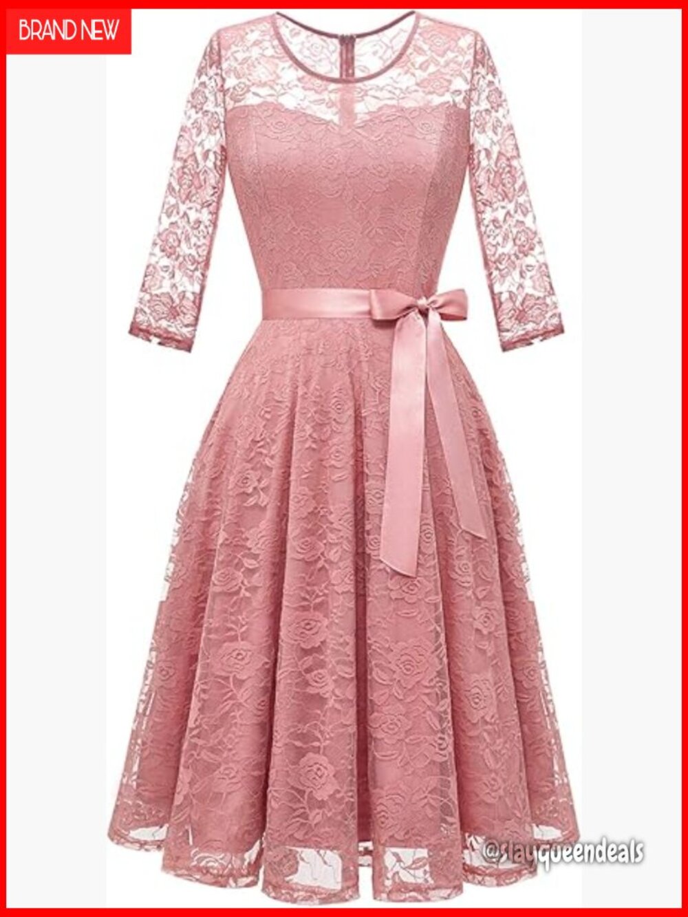 Floral Lace Bridesmaid Dress with Sheer Neckline - Size M